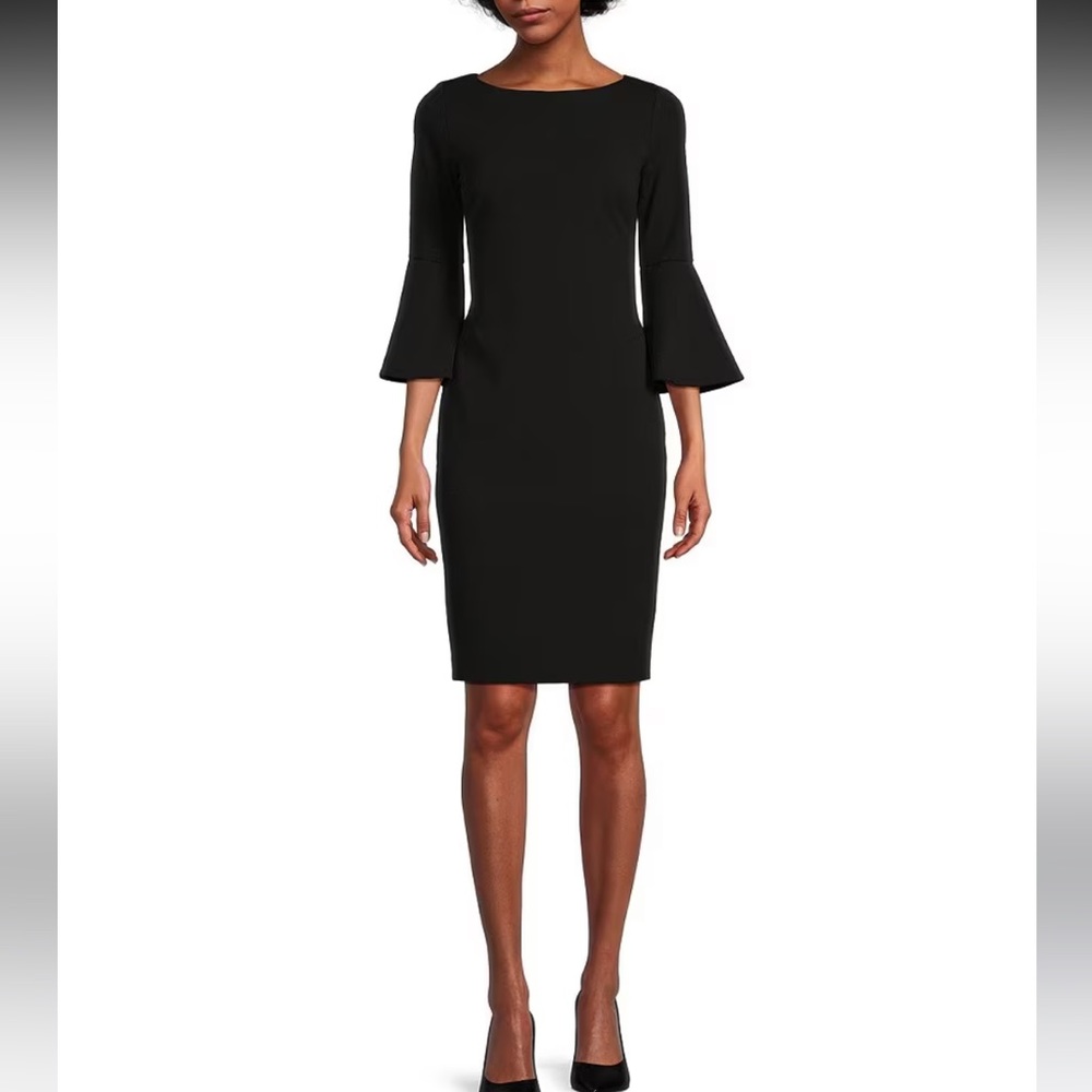 Calvin Klein Bell Sleeve Boat Neck Sheath Dress - Black. Size 4